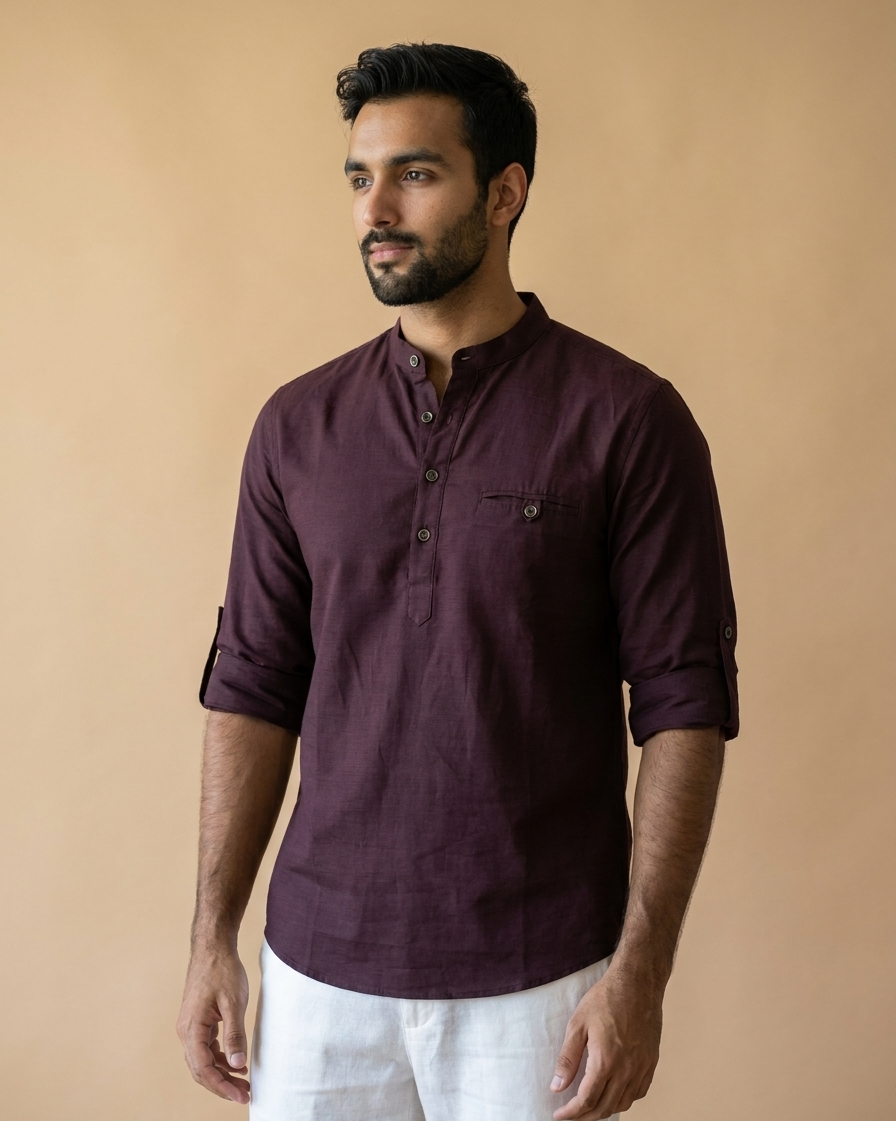 Blanford Imperial Wine Linen Short Kurta