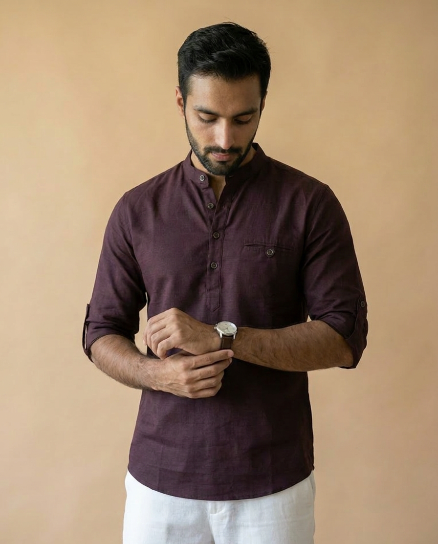 Blanford Imperial Wine Linen Short Kurta