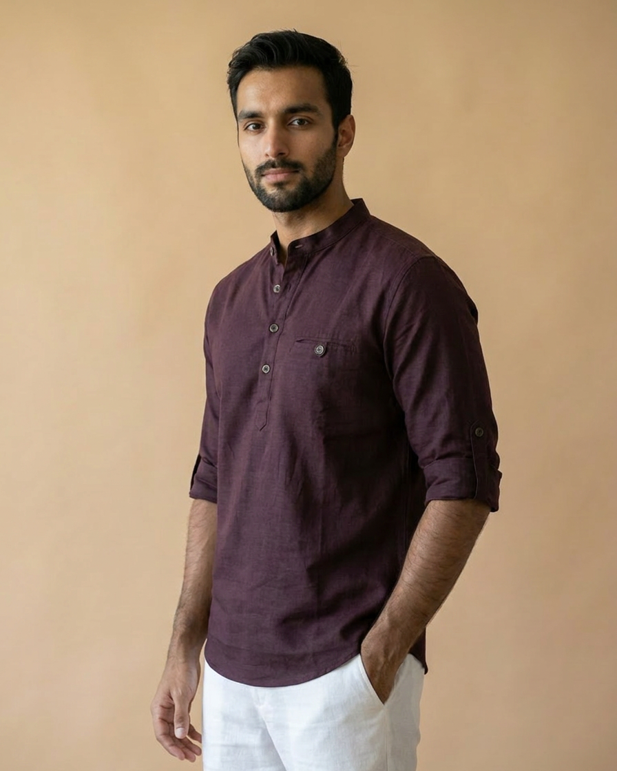 Blanford Imperial Wine Linen Short Kurta