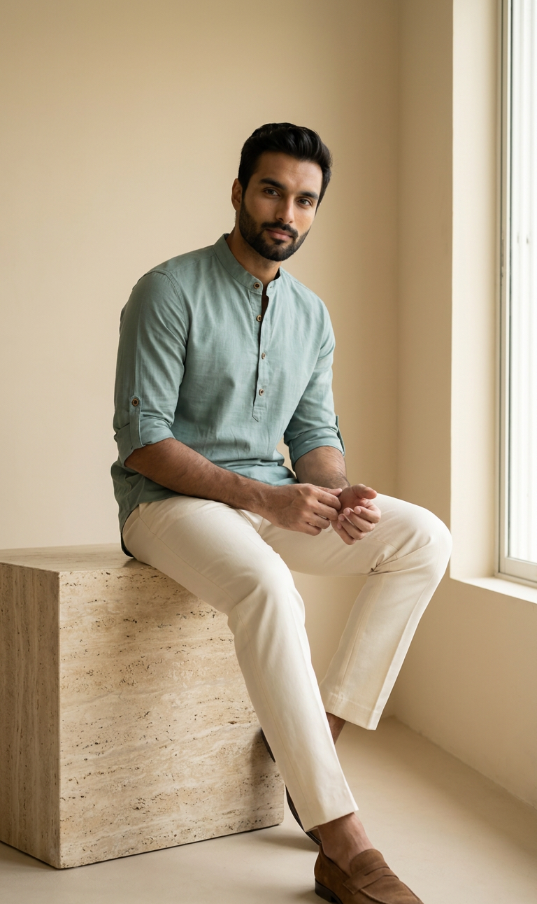 Mist Green Linen Short Kurta