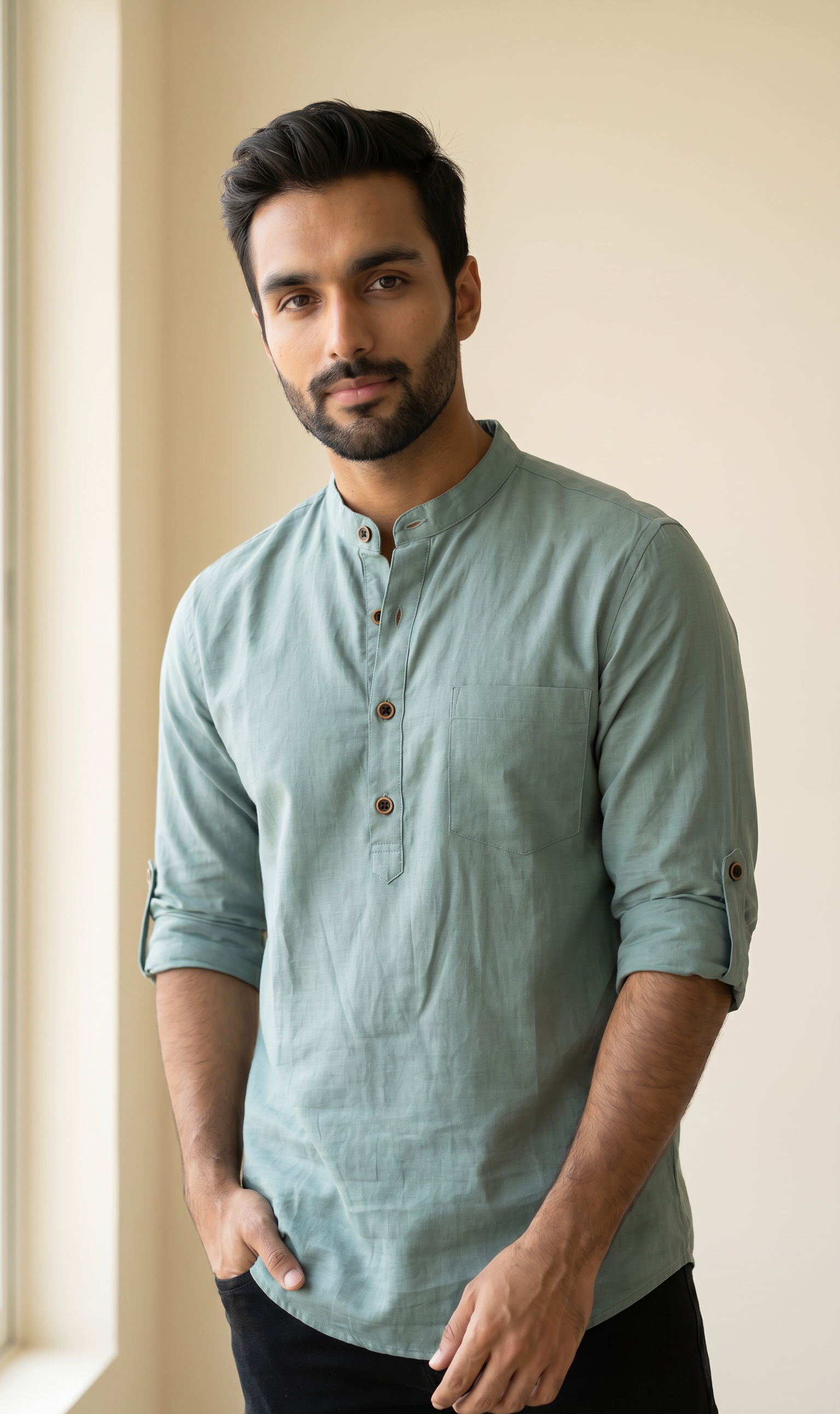 Mist Green Linen Short Kurta