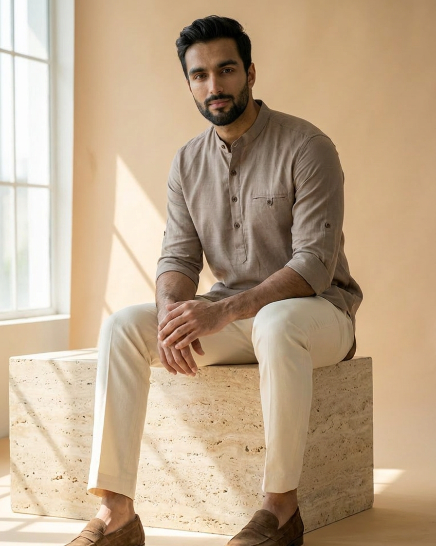 Taupe Beige Linen Kurta