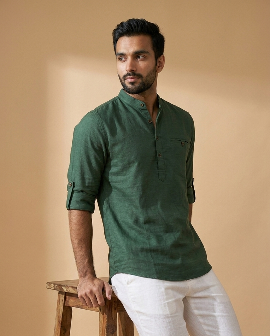 Blanford Evergreen Linen Short Kurta