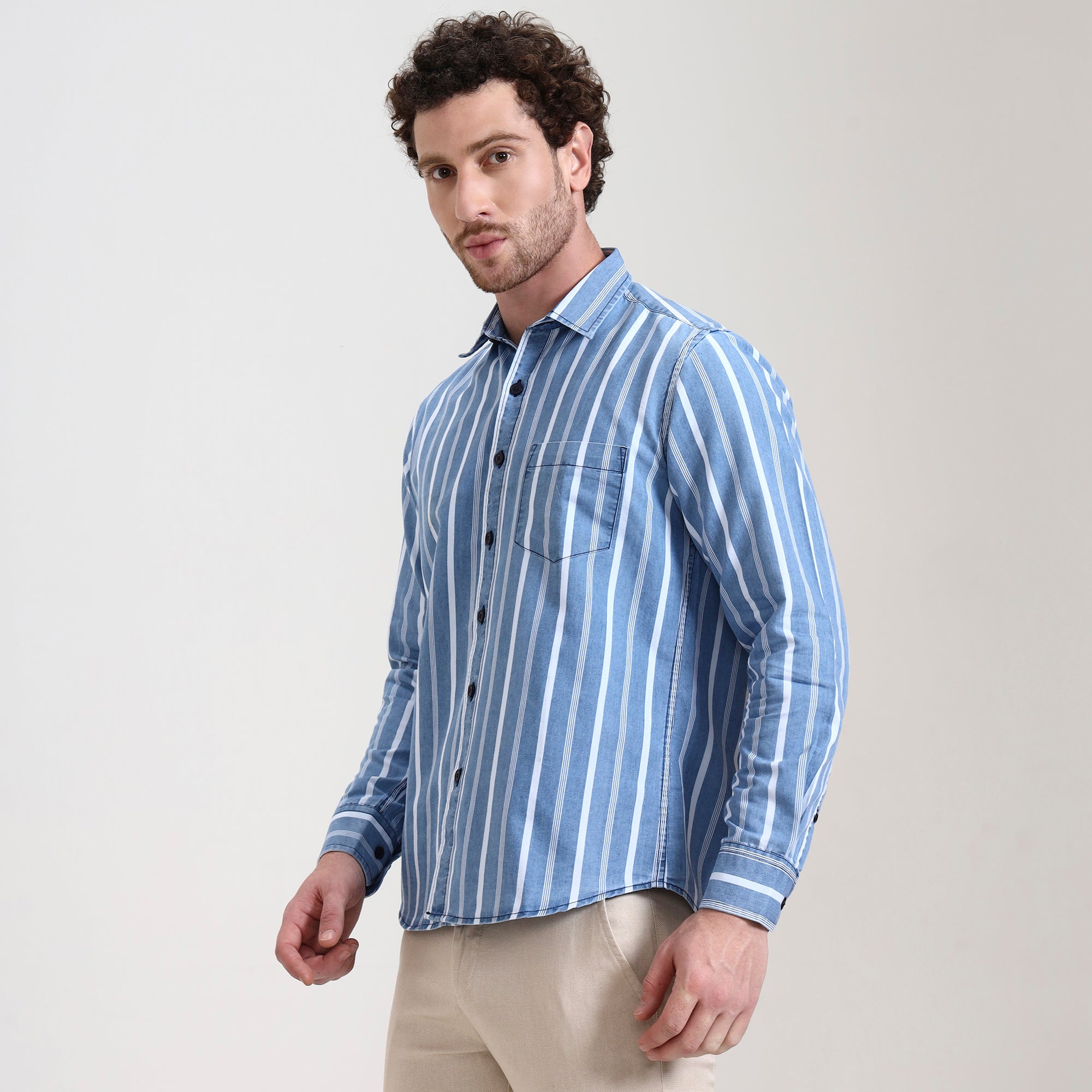 Regular Fit Coastal Stripe Denim Short Shirt