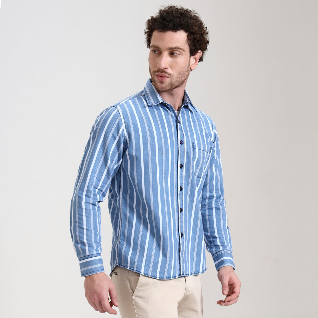 Regular Fit Coastal Stripe Denim Short Shirt