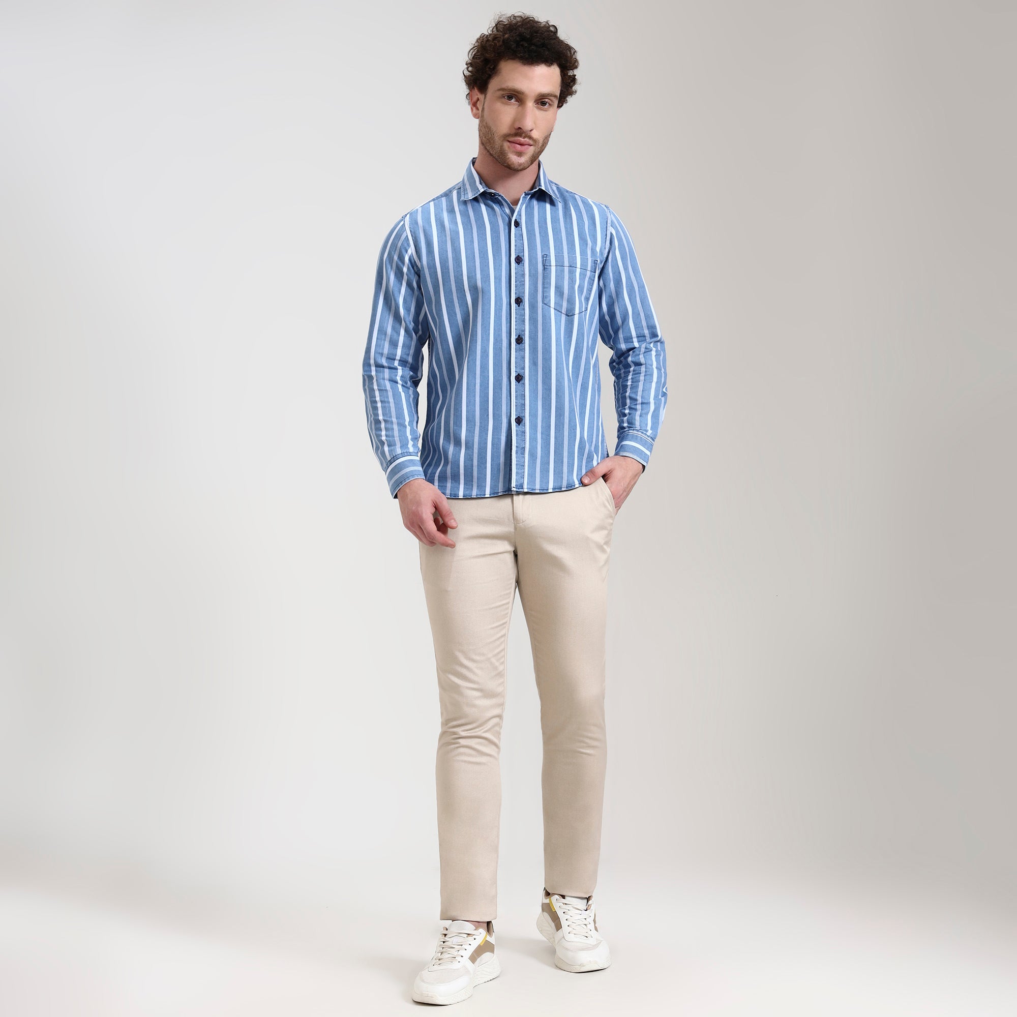 Regular Fit Coastal Stripe Denim Short Shirt