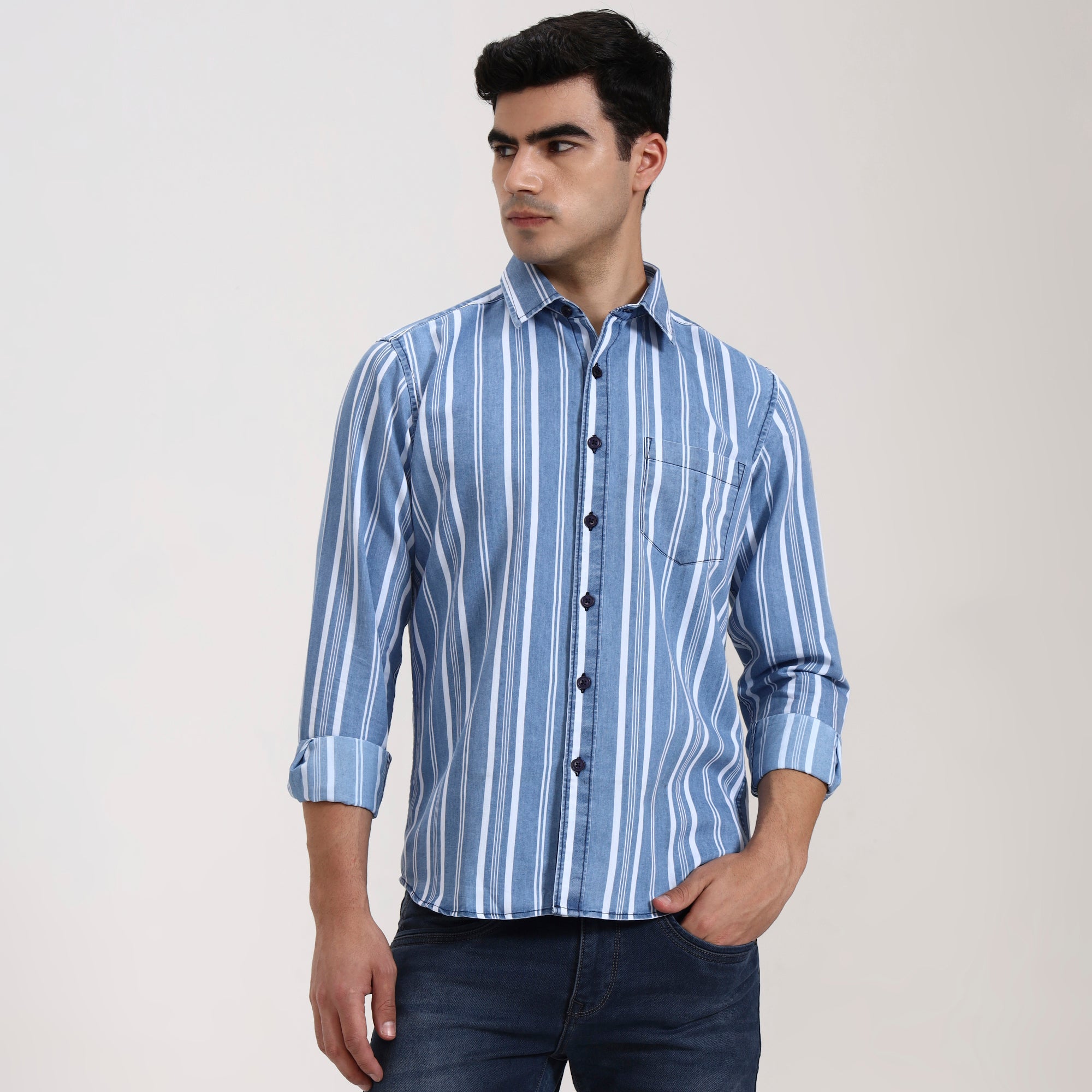 Regular Fit Bold Stripe Denim Short Shirt