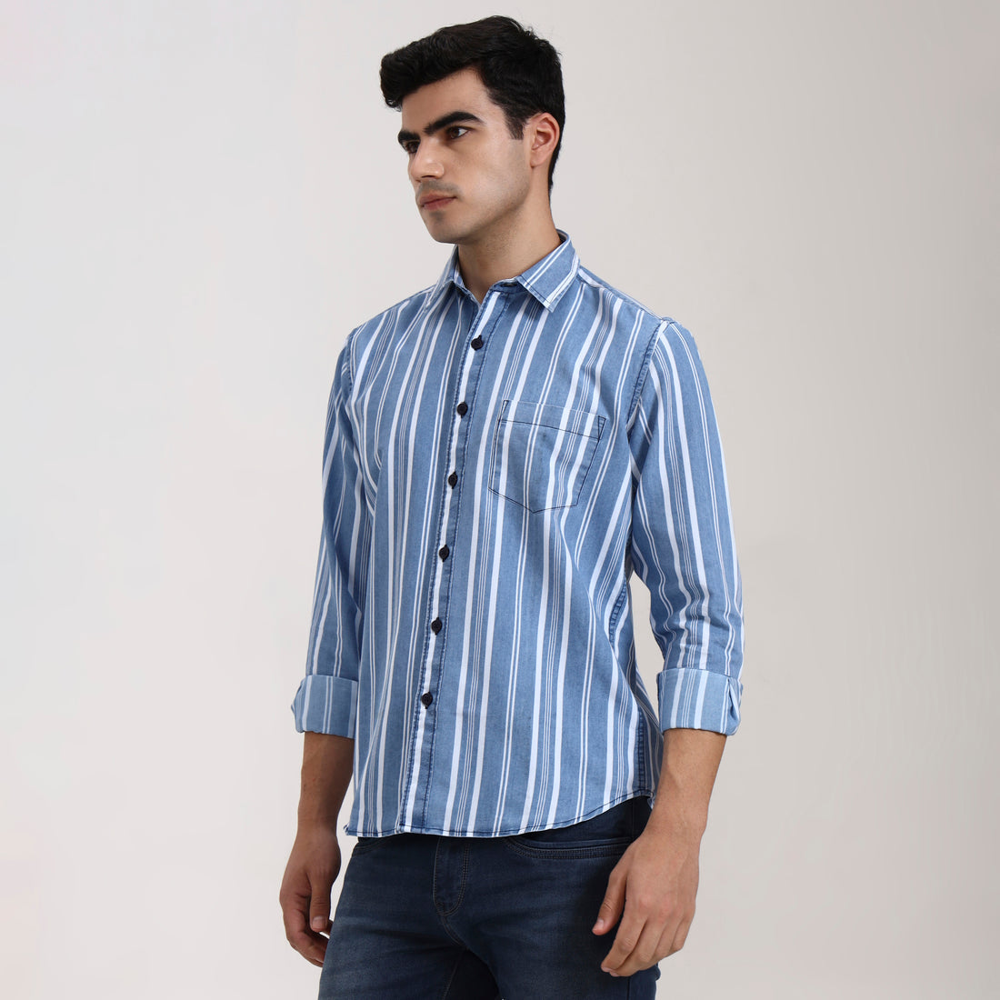 Regular Fit Bold Stripe Denim Short Shirt