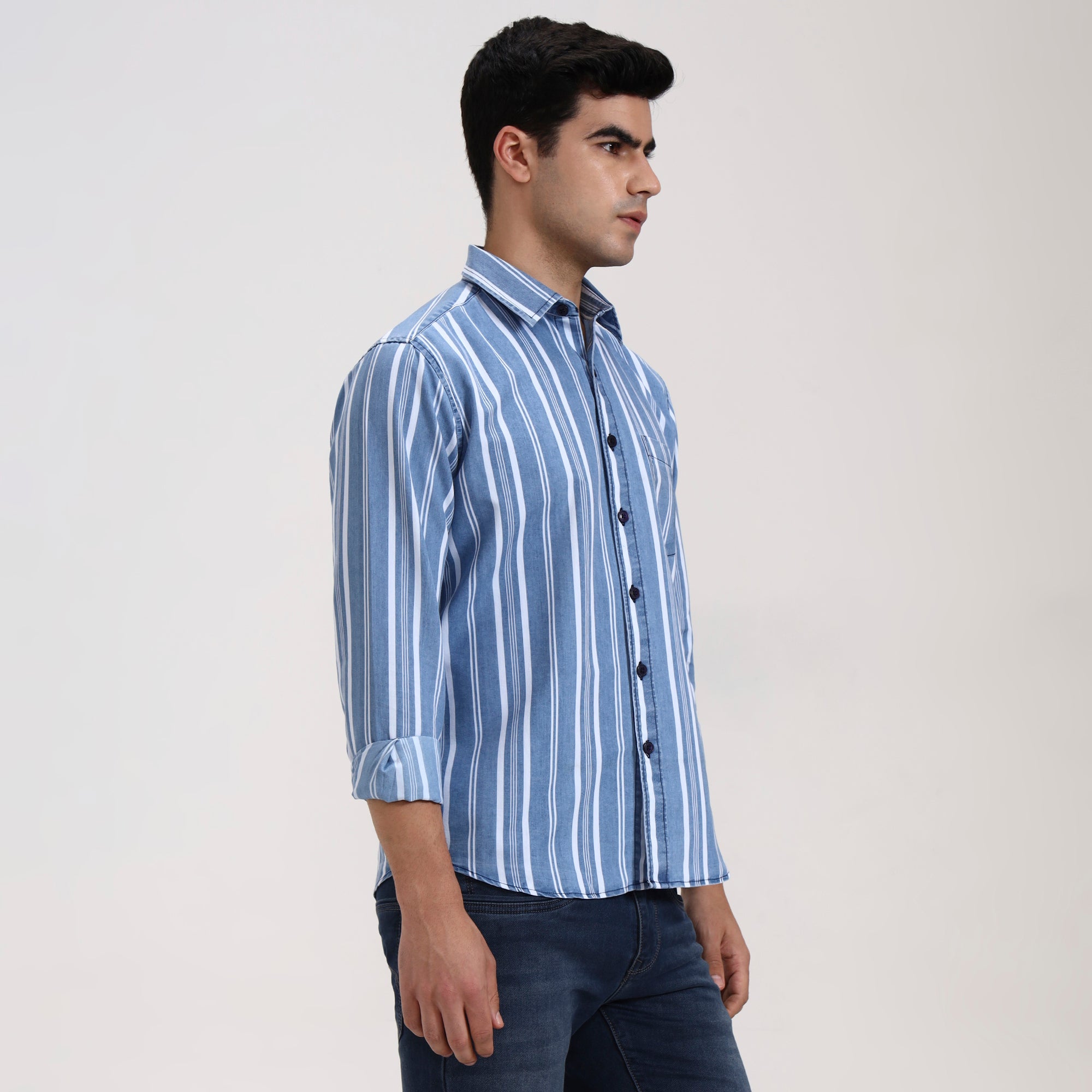 Regular Fit Bold Stripe Denim Short Shirt