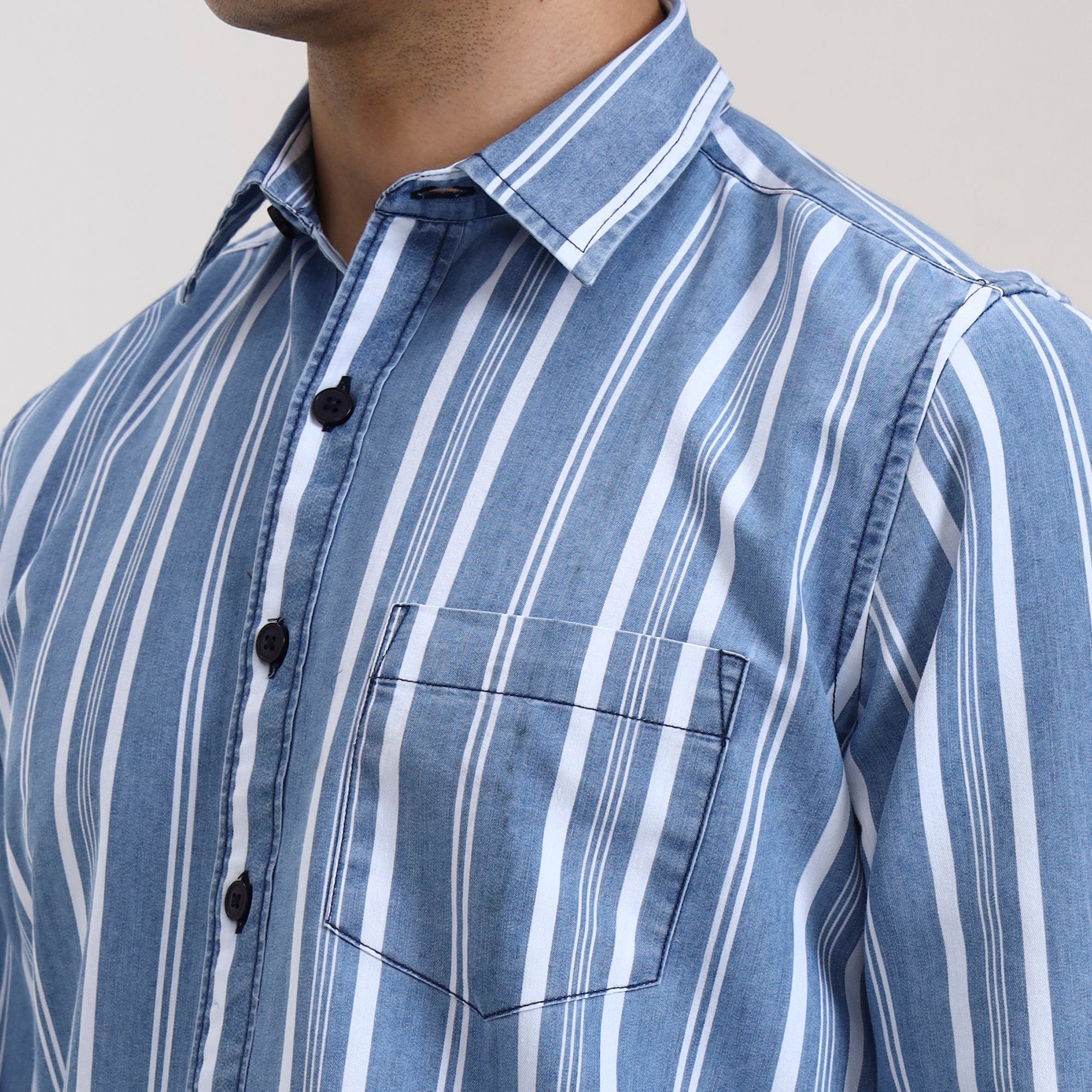 Regular Fit Bold Stripe Denim Short Shirt
