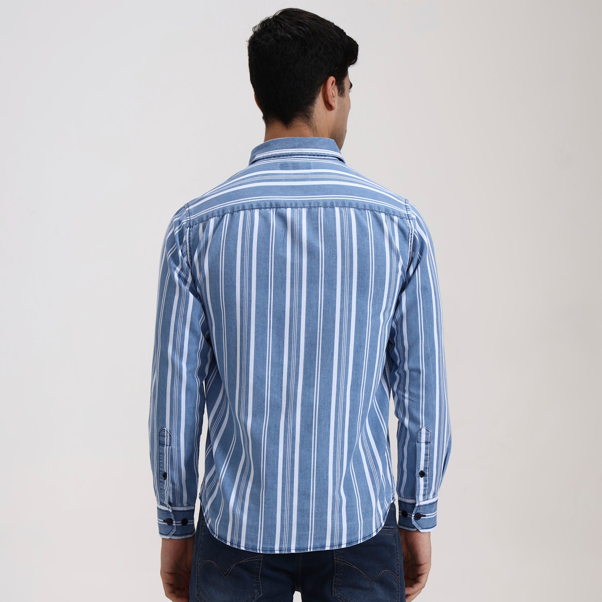 Regular Fit Bold Stripe Denim Short Shirt
